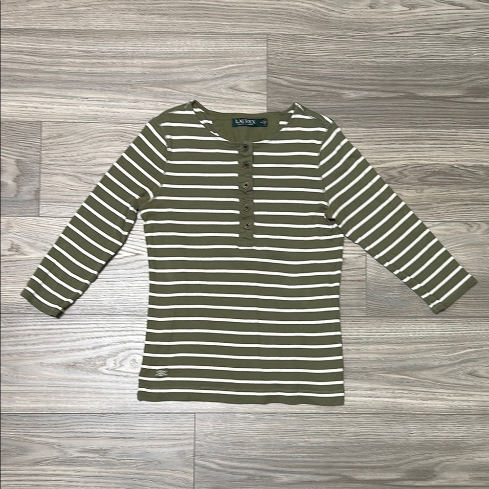 Ralph Lauren - M - Olive & White Striped 5 Button Henley 3/4 Sleeves